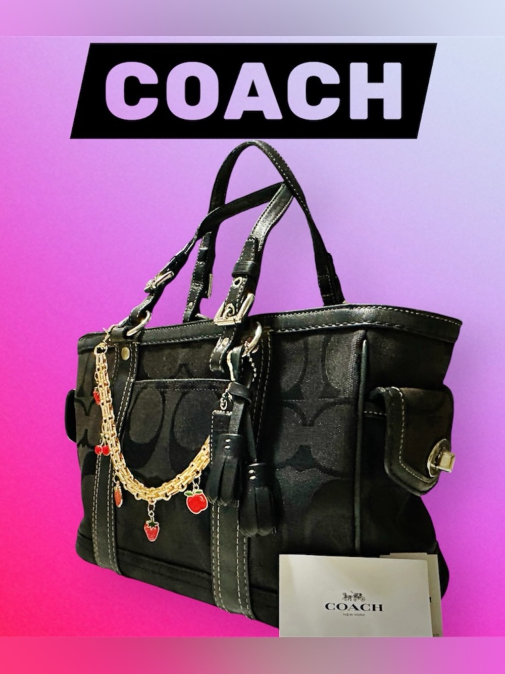 Vintage Coach Y2K soho shoulder Bag Black Signature Tote with cherry chain tote - Picture 6 of 17